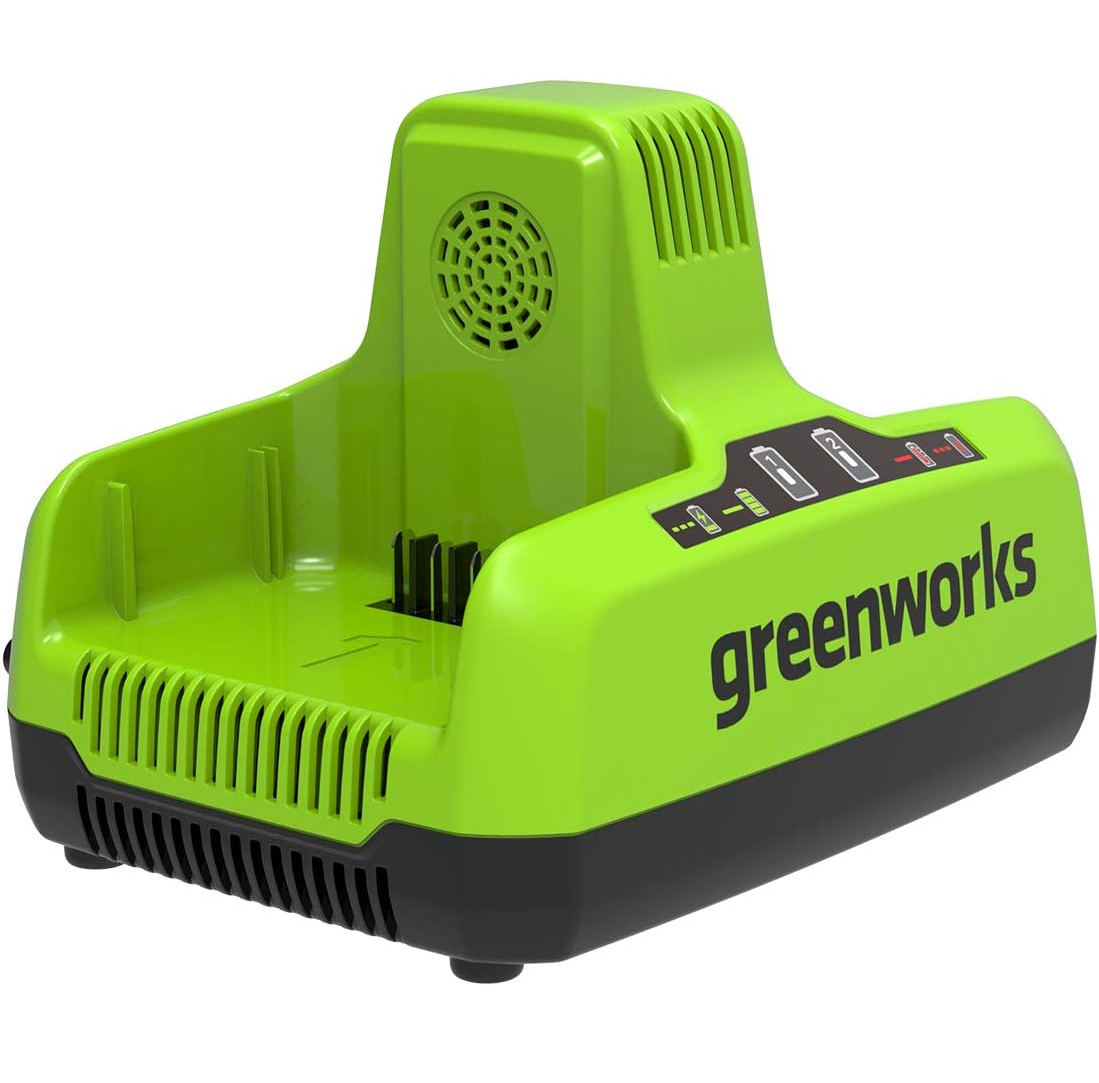 A green Greenworks dual battery charger with a diagnostic LED indicator.