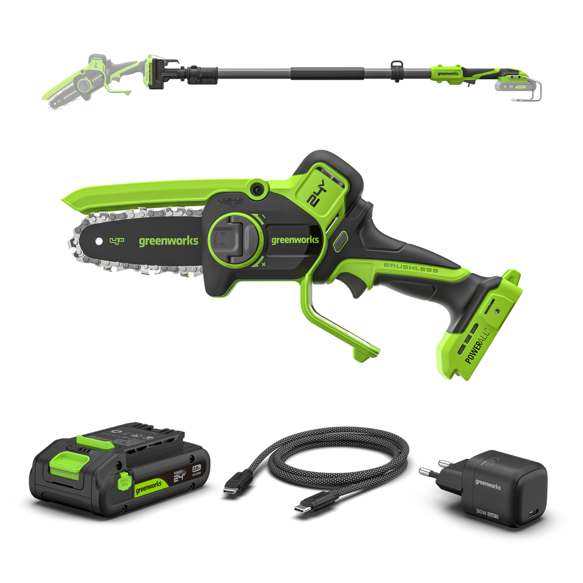 POWERALL 24V mini reťazová píla 10cm Gen. II s predlžovacou tyčou - batéria 2Ah