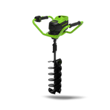 A green and black earth auger with a brushless motor and a spiral drilling bit, designed for gardening and outdoor applications.