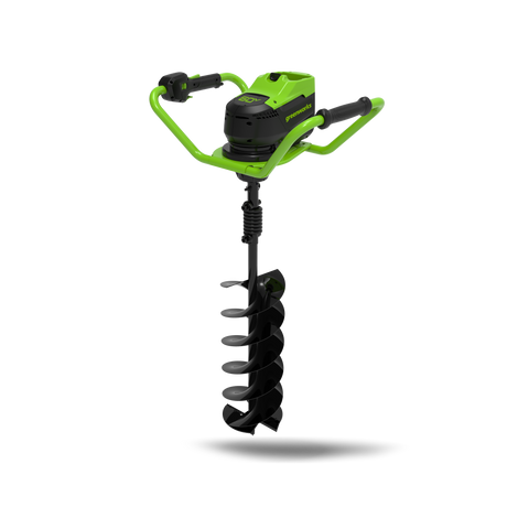 A green and black earth auger with a brushless motor and a spiral drilling bit, designed for gardening and outdoor applications.