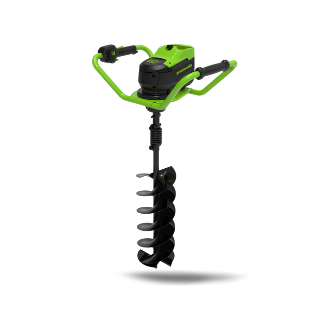 A green and black earth auger with a brushless motor and a spiral drilling bit, designed for gardening and outdoor applications.