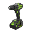 Greenworks cordless drill driver with a black and lime green body, shown on a solid white background.