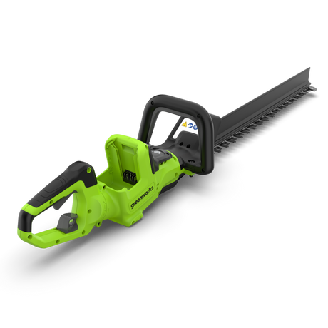 A Greenworks cordless hedge trimmer with a bright lime green body and black blade, handle, and guard, shown on a clean white background.