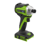 A cordless impact wrench with a black and lime green body, a silver chuck, and a matching black and lime green battery base, shown on a solid white background.